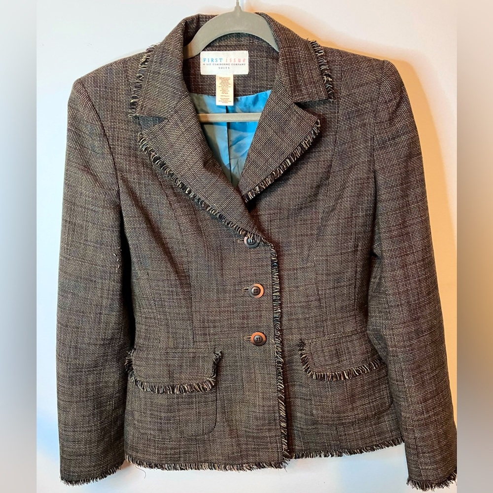 First Issue by Liz Claiborne blazer sz 6 brown plaid with fringe